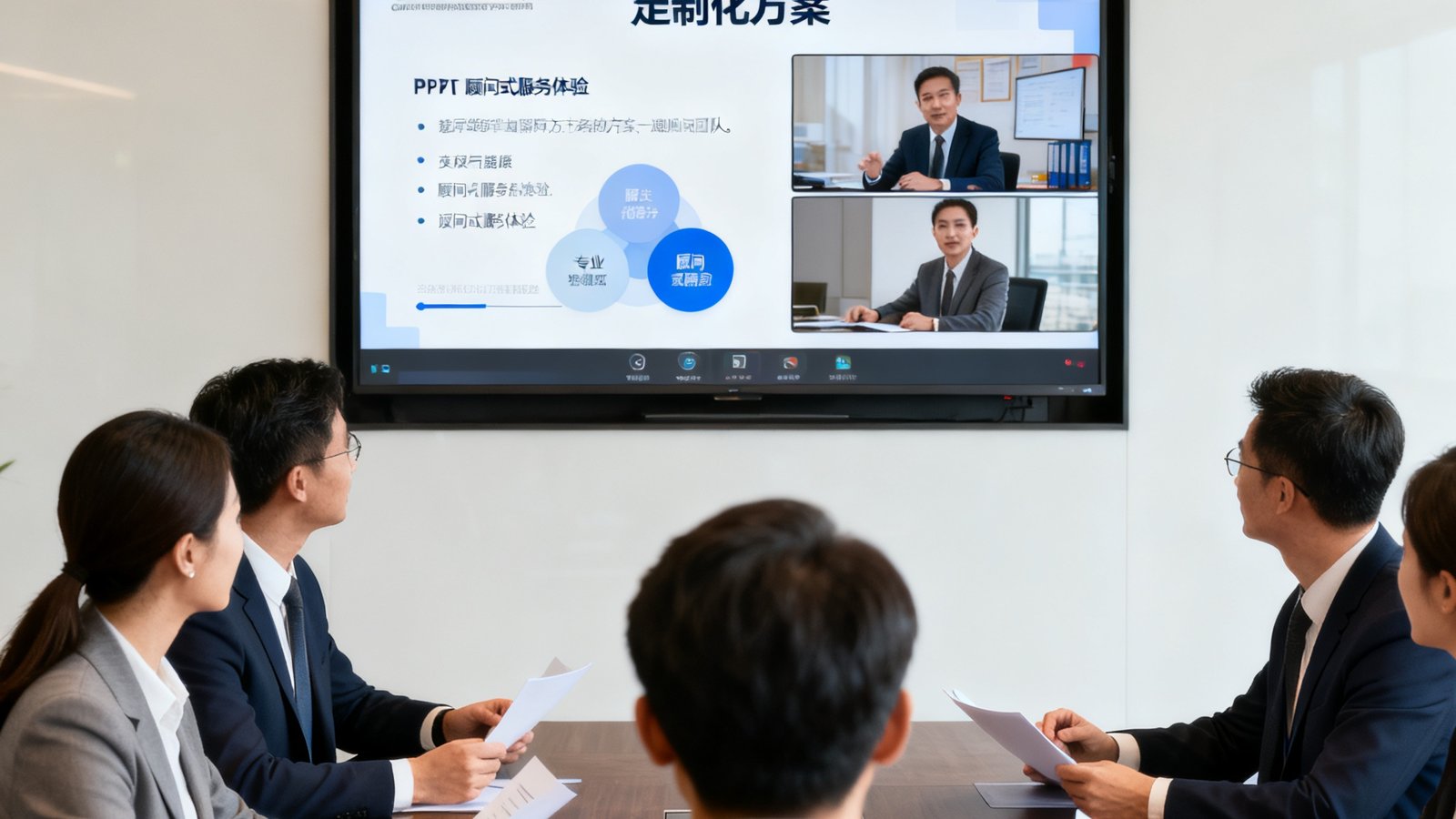CMP冠军国际解决方案顾问团队正在与客户进行视频会议沟通，大屏幕展示定制化方案PPT，场景专业且亲和，体现顾问式服务体验。