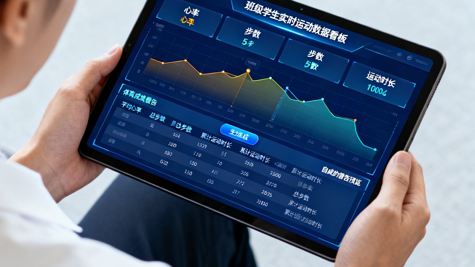 智慧体育课考勤系统界面展示：教师在平板端查看班级学生实时运动数据看板，包含心率、步数、运动时长等维度，支持自动生成体育成绩报告。