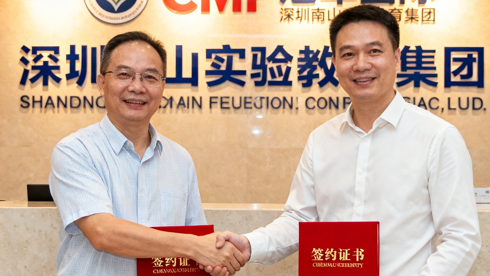 CMP冠军国际与深圳南山实验教育集团签约仪式的新闻照片，双方代表握手合影，背景为集团Logo墙与红色签约本。