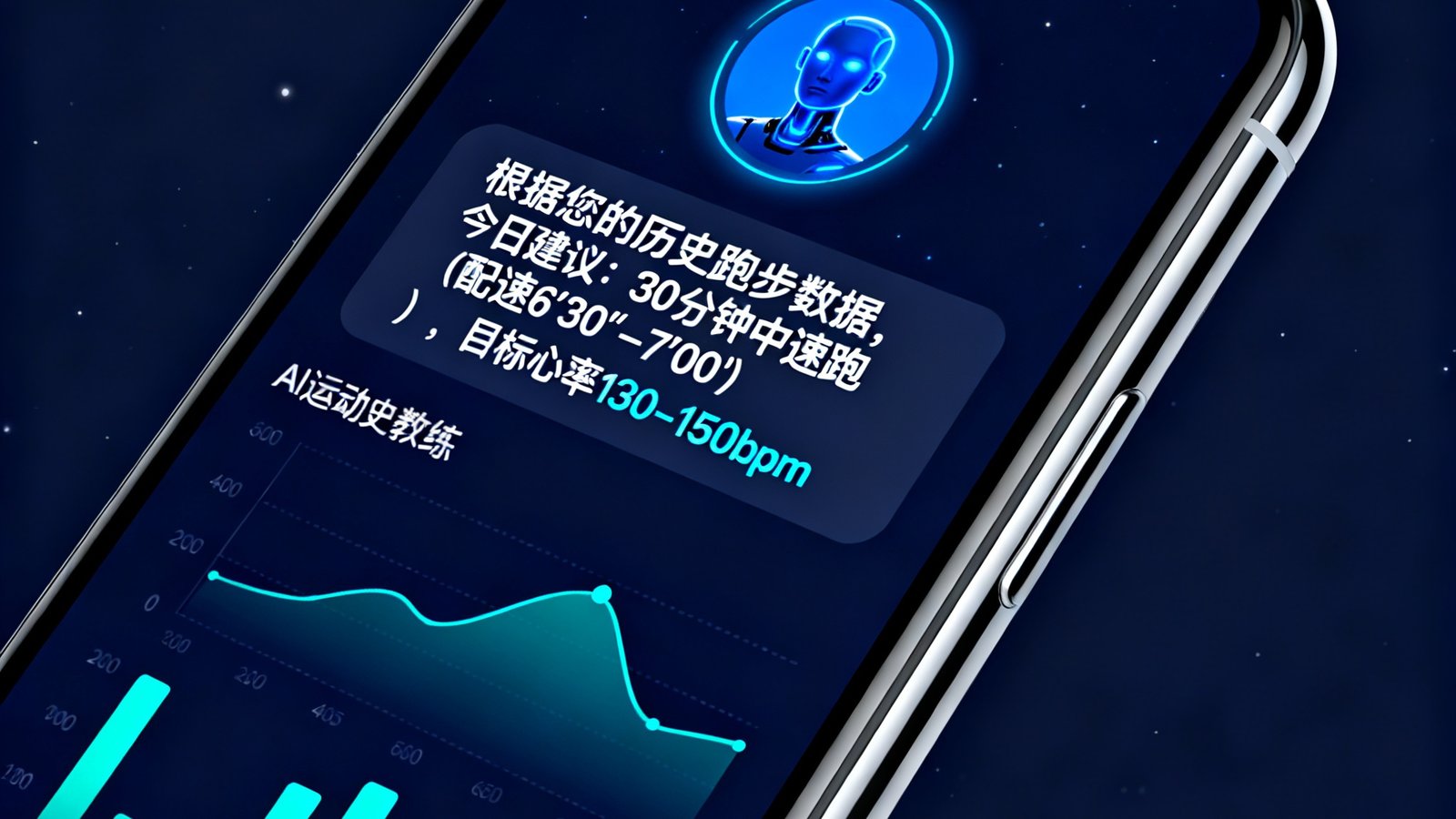 一张概念产品图：手机屏幕上显示AI运动教练对话界面，AI正在根据用户历史数据给出今日训练建议，界面设计简洁且充满未来感。